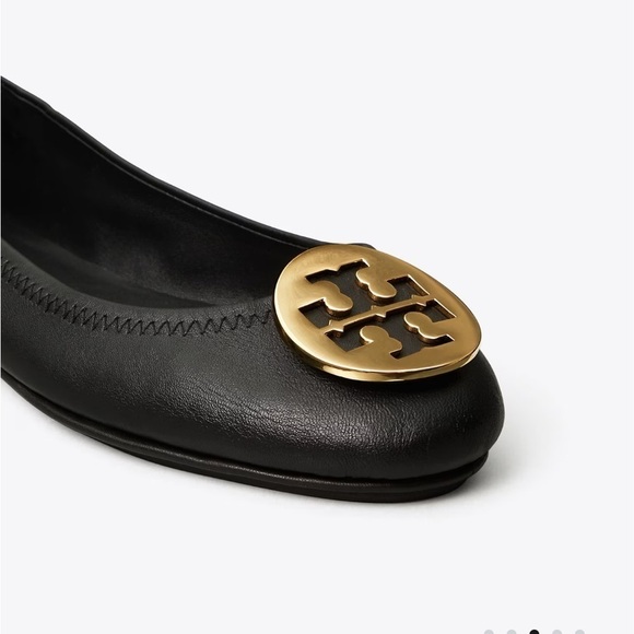 TORY BURCH Black Gold MINNIE TRAVEL BALLET Flat Leather Logo Shoe Sz 6 - Picture 4 of 16